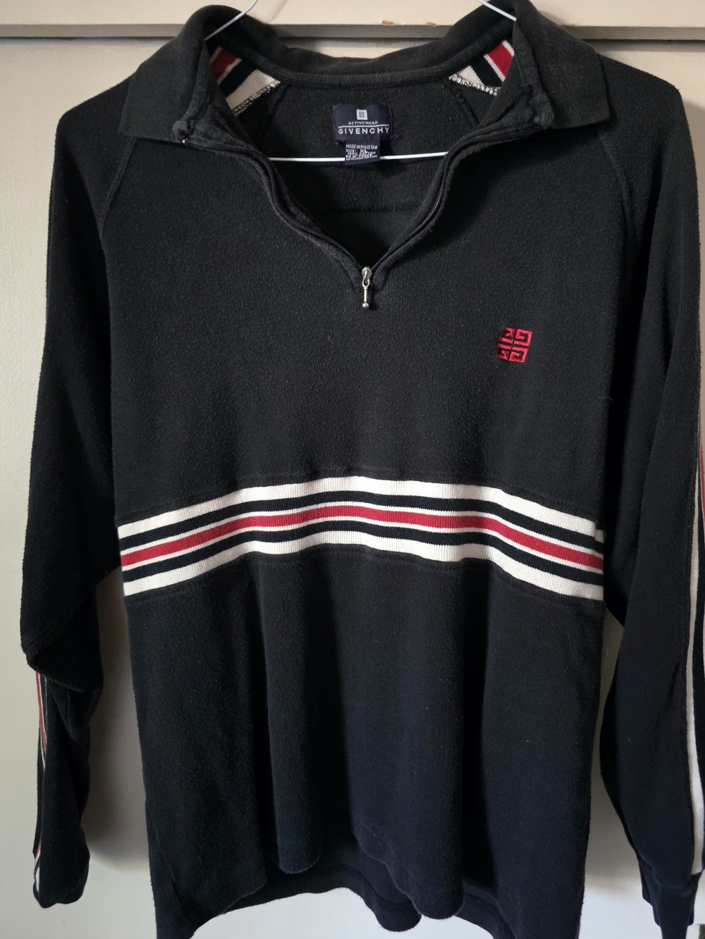 Givenchy Black Zip-Up Sweater with Red & White Stripes
